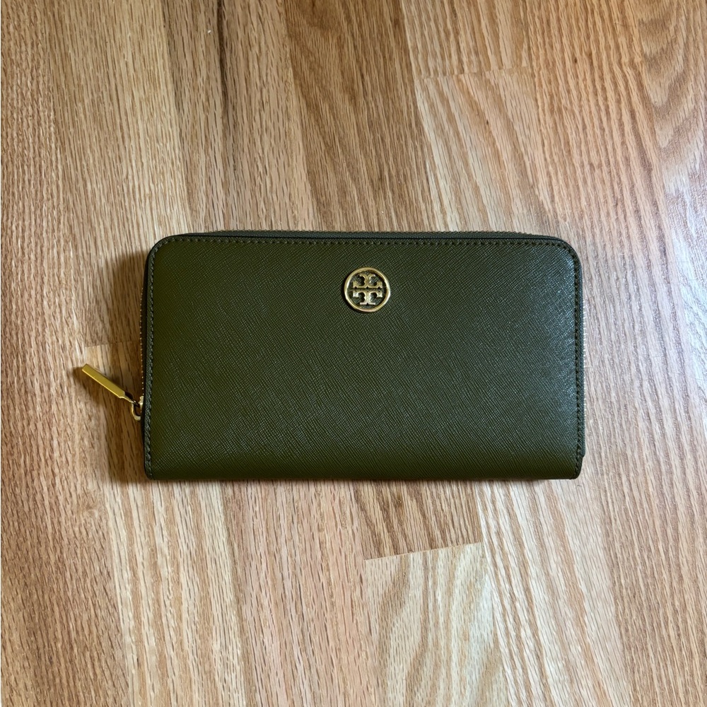 Tory Burch Dark Green Wallet with Gold Accents